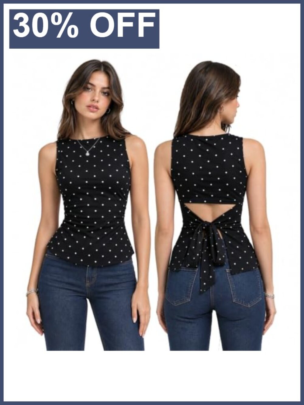 Women Polka Dot Tank Top Boat Neck Tie Back Ruched Slim Fit Cotton Blend